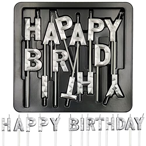 13Pcs Silver Happy Birthday Cake Candles, Glittery 3D Diamond Shape Birthday Letter Candles For Cake Topper Diy Birthday Decorations Women Men Girls Boys Him Or Her #TOP6