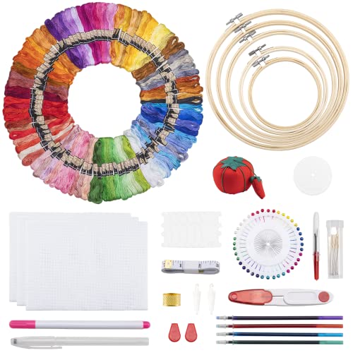 Noa Home Deco Kit de broderie, 100 couleurs de fil à broder, 5 cadres en bambou, 3 pièces en tissu de point de croix, aiguilles à coudre, kit de point de croix pour...