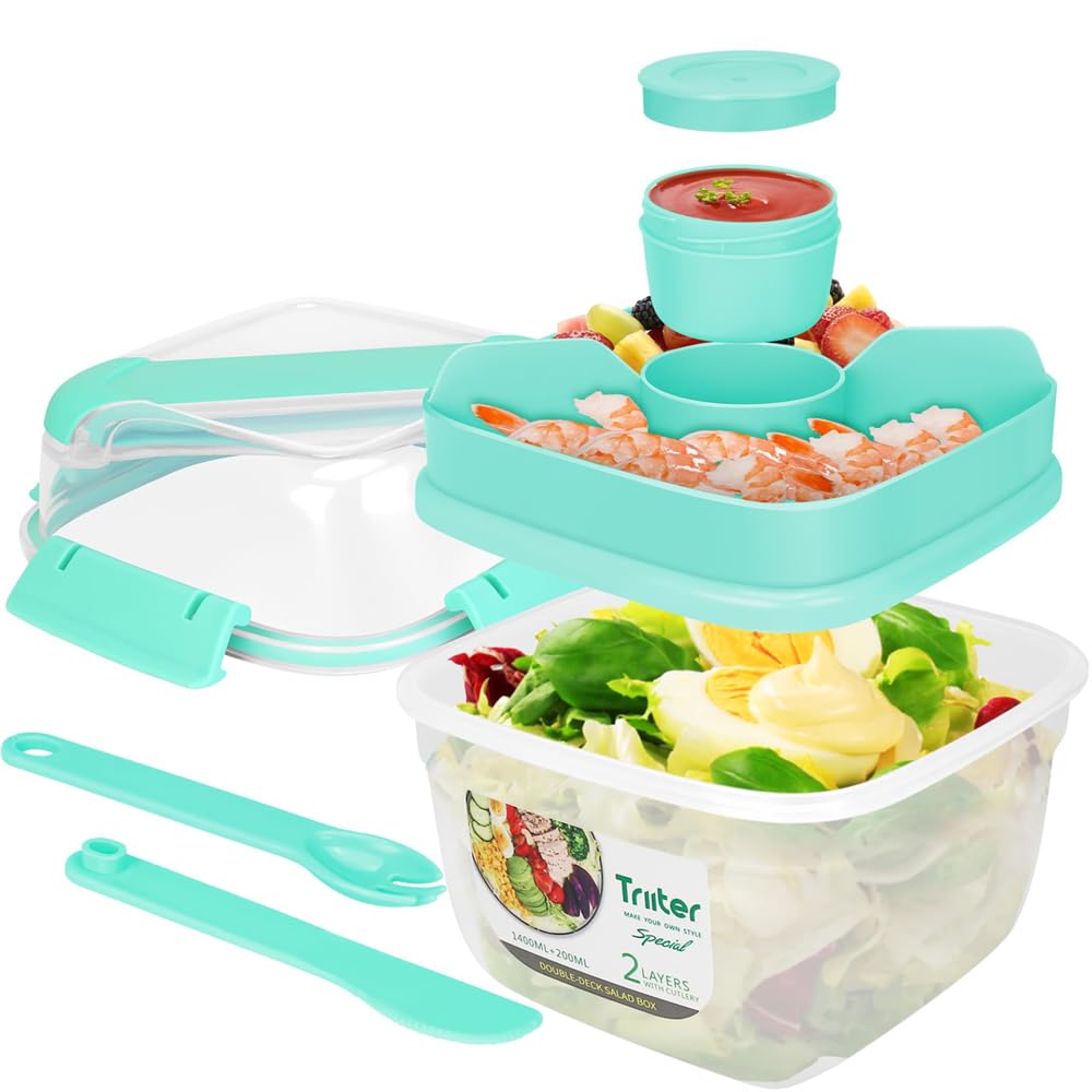 Azonee Salad Lunch Box Container, 55-oz Salad Bowl, Double Layer Bento Box with Cutlery and Sauce Container, 7-oz 3-Compartment Bento-Style Tray for Toppings and Snacks, Leak-Proof & BPA-Free