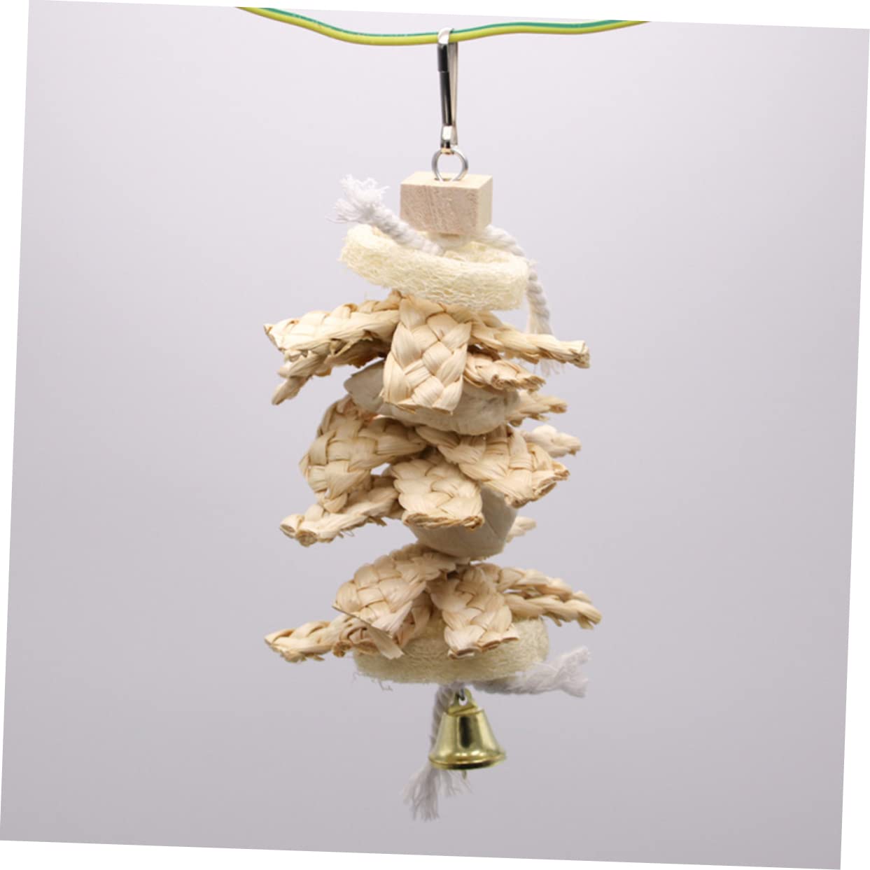 Mikikit Parrot Swing Molar Loofah Knitting Straw Bell Pendant for Cage Garden for Chewing Climbing Engaging Bird Accessories Beige