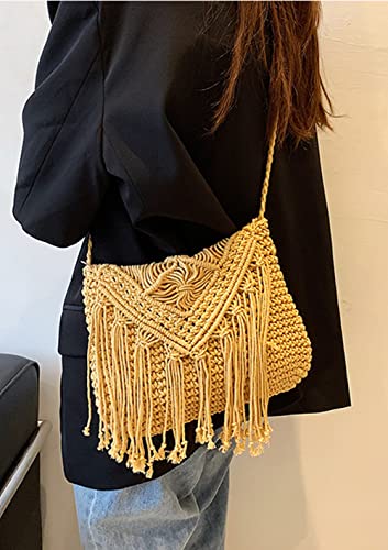 Image of Crossbody Purse for Women Cute Macrame Hobo Satchel Bags Knit Summer Beach Bag Tassels Shoulder Crochet Tote Handbag