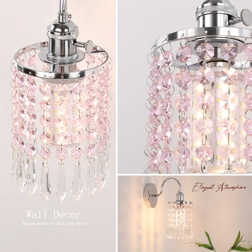 Image of Shenmoyl Set of 2 Crystal Battery Operated Wall Sconce, Rechargeable Battery Powered Wall Lamp with Remote Control, Modern Dimmable Wall Lights for Bedroom Bathroom(Pink, Silver Base)