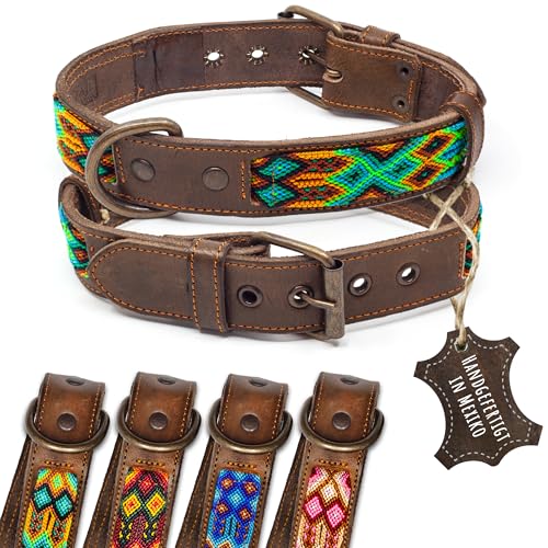 ALTEZAR Lederhalsband Hund - Doppelt Tribal Bestickt Grün Braun - Hochwertig verarbeitetes Hundehalsband Leder - Handgemacht in Mexiko - Größe M - Halsband Hund für mittel-große Hunde Leder breit