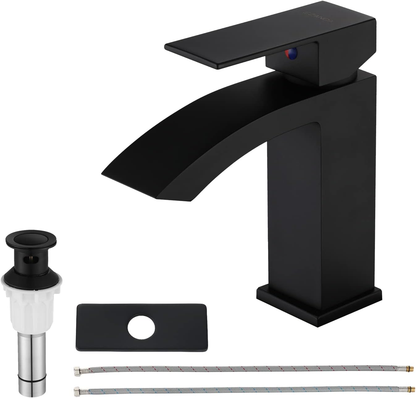 EZANDA Brass Waterfall Bathroom Faucet with Extra Large Rectangular Spout, Deck Plate, Pop-up Drain Assembly & Water Supply Hoses Included, Matte Black, 14254
