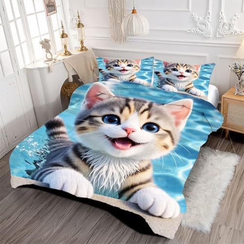 Parure couette 220x240 chat mignon microfibre coton lit O26 couverture mi-saison - 4