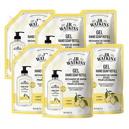 J.R. Watkins Gel Hand Soap Refill Pouch, Scented Liquid Hand Wash for Bathroom or Kitchen, USA Made and Cruelty Free, 34 fl oz, Lemon, 6 Pack