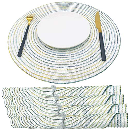 Folaxshoo Placemats PVC Table Mats Handmade Woven Place Mats Heat-Resistant Stain Resistant Anti-Skid Premium Plastic Placemat Washable Round Dinner Table Mats Set of 4 (Cold Color)