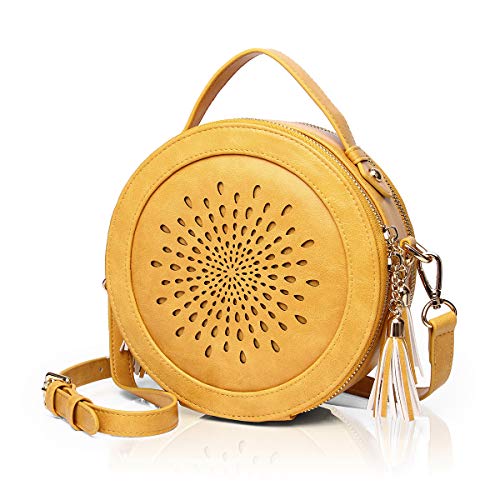APHISON Womens Round Cross-body Bag Cell Phone Purse PU Shoulder Bag Sun Flower Dating Bag Tassel 1391 YELLOW