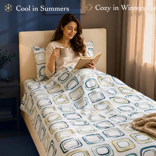 Image of Dream Living Printed Geometric Single Bedsheet with 1 Pillow Cover |120 GSM | 150x220 Cm | White