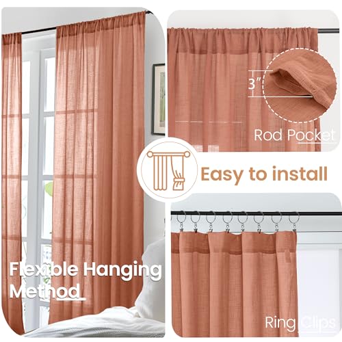 Image of BGment Terracotta Linen Curtains 60 X 84 Inch Length, Wide Semi Sheer Drapes for Living Room Bedroom Dining Decor Rod Pocket Lightweight, 2 Panels Set, Each 60 Inch Wide