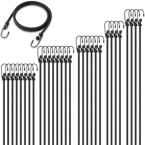 4 Pack 60" Black Heavy Duty Bungee Cords With Hooks, Elastic