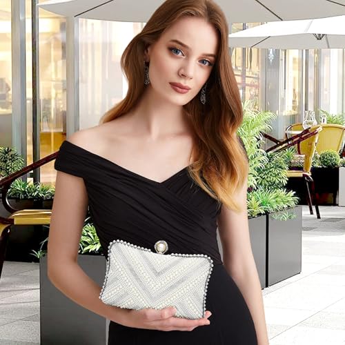 Image of Pearl Clutch Purse Women's Evening Handbags Luxury Beaded Bride Purse with Chain for Wedding Prom Cocktail Party