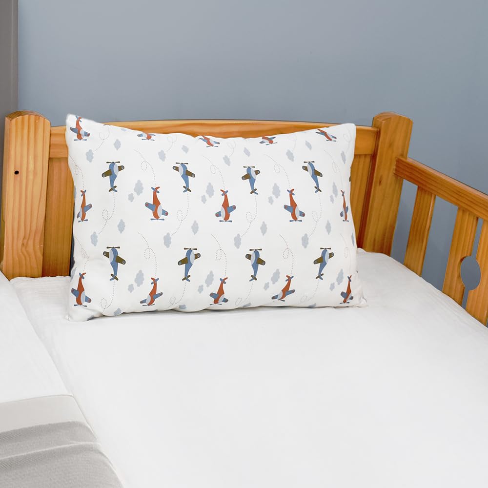 Fittia Morbida federa per cuscino per bambini, 40 x 60 cm, in cotone biologico per passeggino, confezione da 2 con chiusura lampo nascosta, Aereo