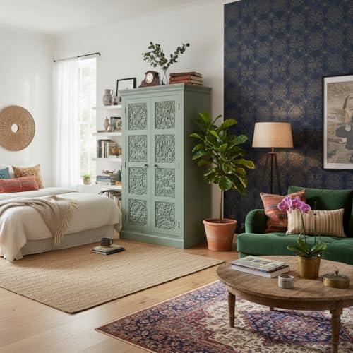 Image of APRODZ Floreale Mango Wood Wardrobe for Bedroom 2-Door Modular Wooden Almirah for Storage /Space Saving Storage Organizer Rack Clothes Cupboard for Bedroom (Sage Green Finish)