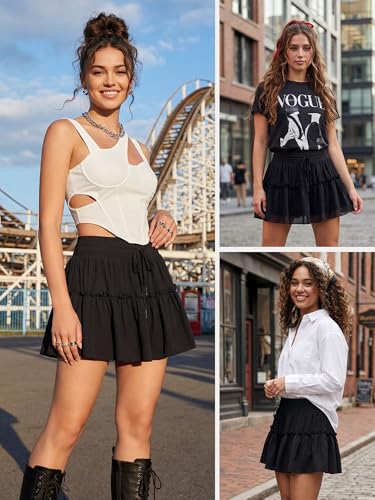 Stelle Women's High Waist Athletic Skorts with Shorts Pockets Flowy Ruffle Skirts Mini Tiered Layered Short Skirt Casual Summer (Black,S) — view 6