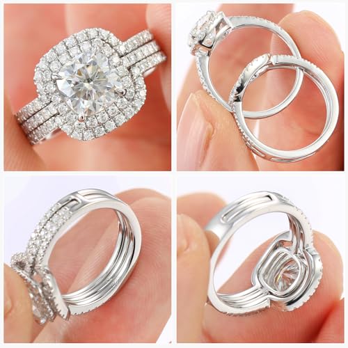Image of Moissanite Wedding Ring Set for Women, D Color VVS1 Cushion /Emerald Cut Bridal Set Wedding Bands S925 Sterling Silver with 18K White Gold Plated Engagement Anniversary Rings for Her Size 4-8.5