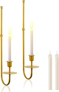 Tioncy 2 Pcs Wall Sconce Candle Holder with Candles Metal Wall Mount Candleholder Hanging for Living Room Farmhouse Fireplace Wedding(Gold)