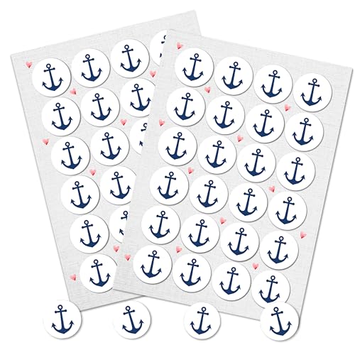 Autocollants déco marine, lot de 48: Stickers ronds ancre bateau bleu et blanc pour décoration thème marin, carte, fête, cadeau, scrapbooking, DIY, déco bord de mer, Ø 4 cm