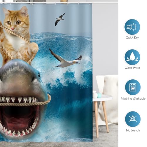 Image of Aimego Stall Small Shower Curtain - Funny Cute Cool Cat Riding Shark Ocean Wave Fun Narrow Half Fabric Cloth Shower Curtain Set for Adults Kids Bathroom Decor Accessories Bath Curtain, 36 inchx72 inch