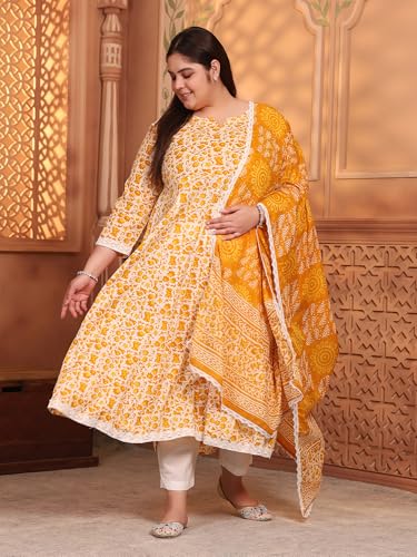 Image of MEERA FAB Women's Pure Cotton Printed Anarkali Kurta with Palazzos & Dupatta