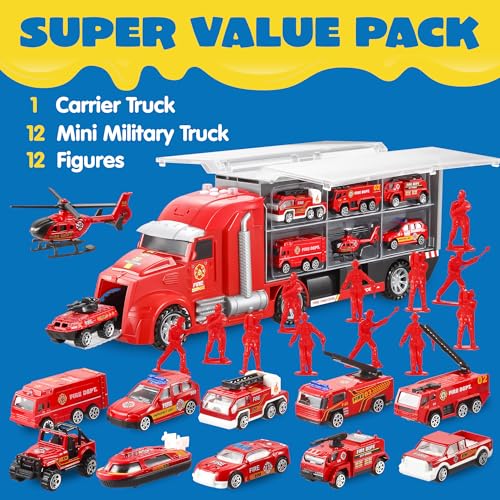 Image of JOYIN 25 in 1 Fire Truck Vehicle Toy Set with Sounds and Lights, Fire Engine Vehicles in Carrier Truck, Mini Rescue Emergency Car Toy, Birthday Gifts for Over 3 Years Old Boys