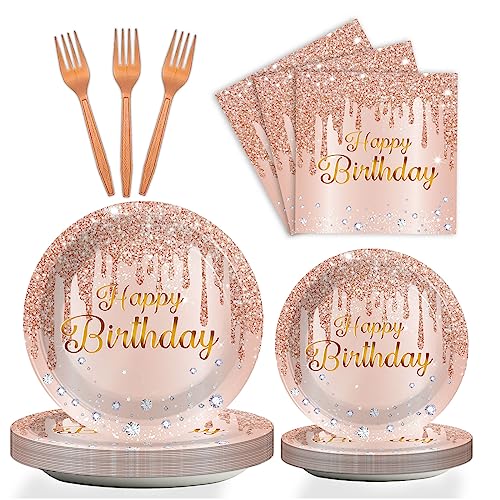 Image of ZOIIWA 96 Pieces Happy Birthday Tableware Set for Pink Rose Gold Table Decorations Supplies Dessert Plates Napkins Forks Women 24 Guests Disposable Party Favors