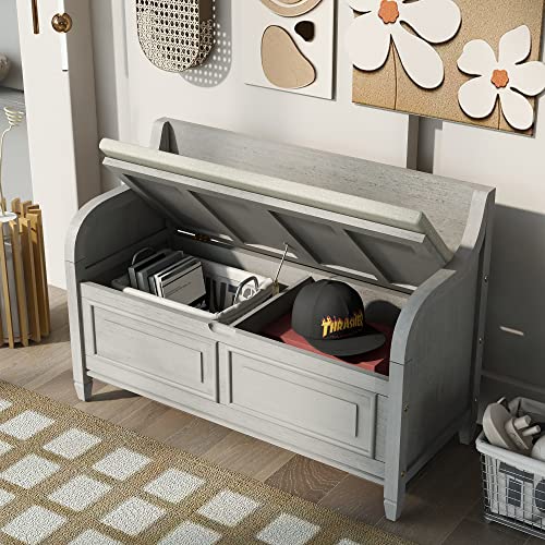 anwickjeff 42” Entryway Storage Bench, Rustic Style Solid Wood Entryway Multifunctional Storage Bench with Safety Hinge (Gray)