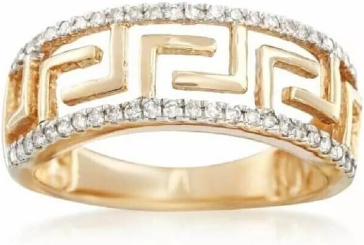 14K Yellow Gold Finish Round Cut White Diamond Greek Key Wedding Band Ring for Women's