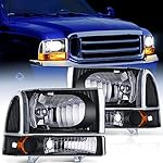 Nilight Headlight Assembly Replacement 1999 2000 2001 2002 2003 2004 F250 F350 F450 F550 Super Duty Black Housing Amber Corner Clear Lens,Headlights Assembly,4 Pack