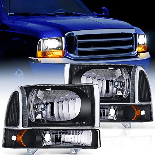 Nilight Headlight Assembly Replacement 1999 2000 2001 2002 2003 2004 F250 F350 F450 F550 Super Duty Black Housing Amber Corner Clear Lens,Headlights Assembly,4 Pack