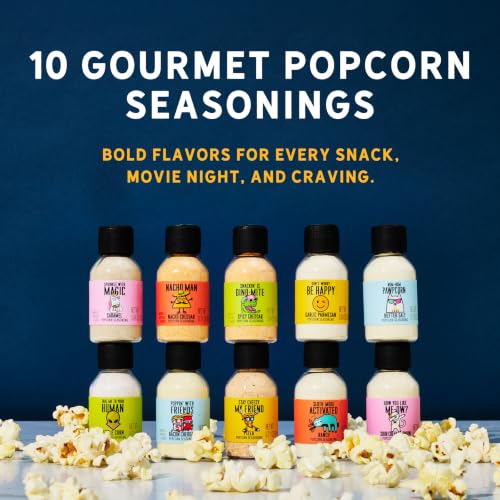 Image of Thoughtfully Gourmet Popcorn Seasoning Sampler Kit, 10 Flavors - Kettle Corn, Garlic Parmesan, Bacon Cheddar, Caramel, Butter and More