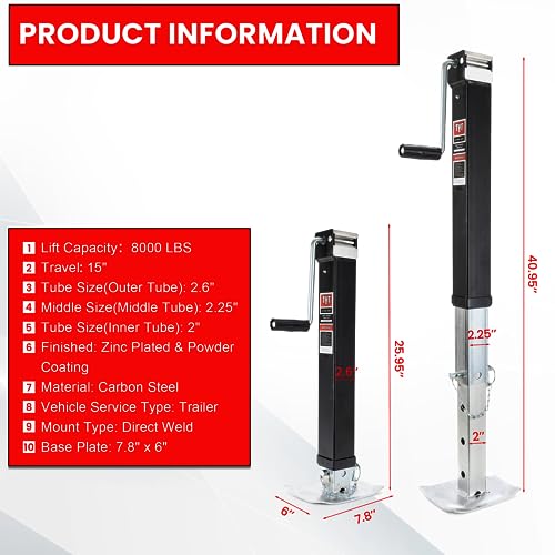 TYT 8000lbs Square Direct Weld Heavy Duty Trailer Jack, 15 Inches Lift Side Wind Square Jack, with 13 Inches Adjustable Drop Leg for Camping Trailer, Boat Trailers, RV Trailers, Black - Thumbnail 3