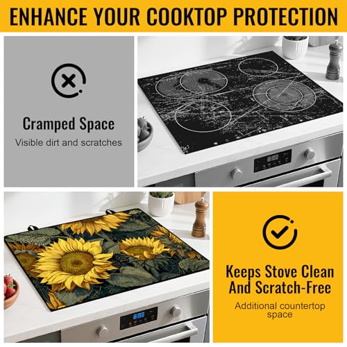 Image of NYZE Stove Cover for Electric and Glass Stove Tops 3-in-1 Stove Mat, Heat Resistant Counter Protector Mat, Non-Slip Surface & Drying Rack (Retro Sunflowers, 28.5 inchLx20.5 inchW)