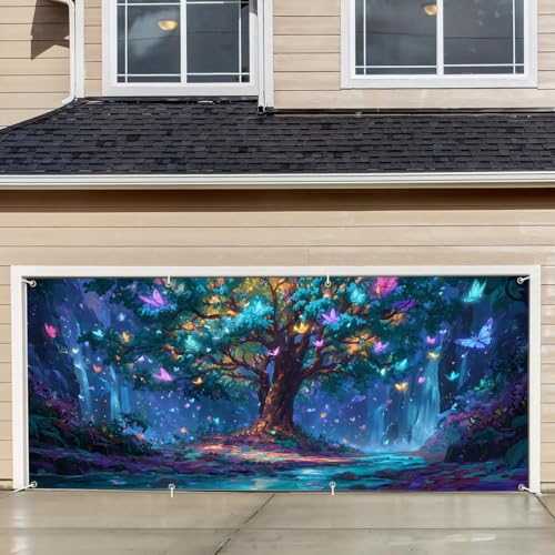 Fantasy Forest Garage Door Banner – Colorful Tree & Butterfly Night Scene Mural for Outdoor Holiday or Year-Round Decor