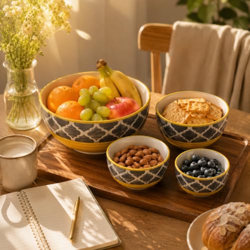 Image of Ceramic Mixing Bowl Set - 4 Pieces (1500ml, 800ml, 600ml, 400ml), Yellow Grey - Durable, Microwave & Dishwasher Safe - Ideal for Mixing, Serving & Storage