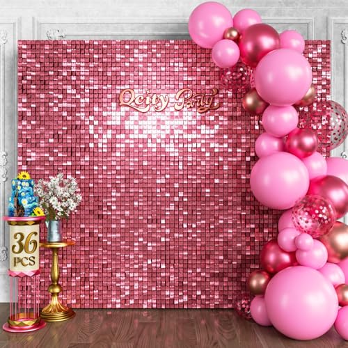 Qcity Pink Shimmer Wall Backdrop 36PCS Black Back Not See-Through Design Square Sequin Glitter Backdrop Panel Perfect for Outdoor Events Birthdays Wedding and Party Decoration