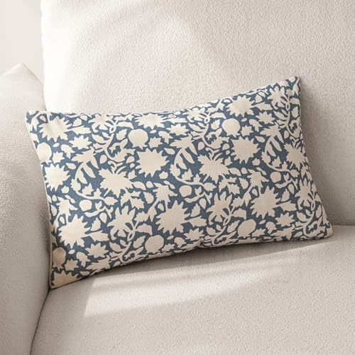 Image of Foindtower Set of 2 Decorative Neutral Floral Throw Pillow Covers Accent Farmhouse Cushion Covers Boho Lumbar Pillowcase for Couch Sofa Bedroom Living Room Home Decor,12x20 Inch,Dusty Blue