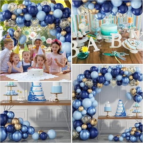 Image of Bliss & Bow Latex Balloon Garland Kit | Navy, Blue Chrome, Gold Chrome Confetti Balloons with Arch Tape, Glue Dots for Baby Shower, Birthday, Wedding Decor | Ideal Party Decor Set - 90 Piece