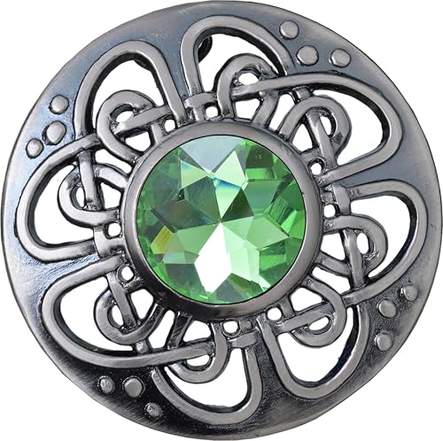 Image of Elegant Culloden Plaid Brooch - Scottish Kilt Fly Plaid Brooch Intricate Celtic Knot in Pewter with Gemstone 3-Inch Diameter - Ideal for Scottish Kilts & Formal Wear