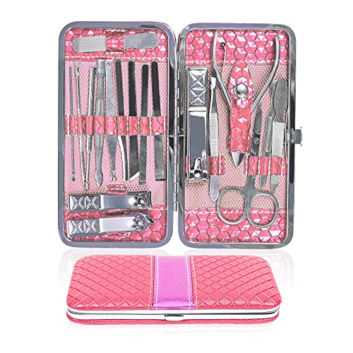 SHURUI 18pcs Manicure Set Nail Clippers, Toenail Nail Clippers Manicure Set for women，Professional Stainless Steel Grooming Kits, Nail Cutter with Luxurious Travel Case For Men and Women (Pink)