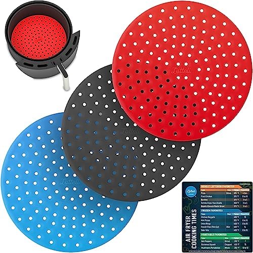LOTTELI KITCHEN Reusable Silicone Air Fryer Liners 3 Pack with Air Fryer Magnetic Cheat Sheet, Easy Clean Air Fryer Accessories, Non Stick, AirFryer Accessory Parchment Paper Replacement - 8" Round