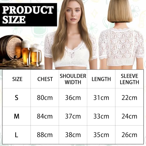 TEWWCEO Damen Dirndlbluse Spitze, Dirndlblusen V, Kurzarm, Trachtenbluse für Dirndl, Oktoberfest Bluse, Damen Bluse für Oktoberfest, Weiß, S/M/L (S)