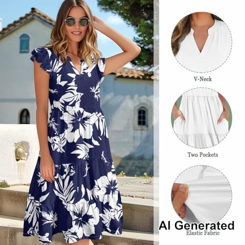 Image of Womens Summer Dress Ruffle Sleeve V Neck Dress Casual Fit Flowy Beach Vacation Sundress with Pocket S-2XL