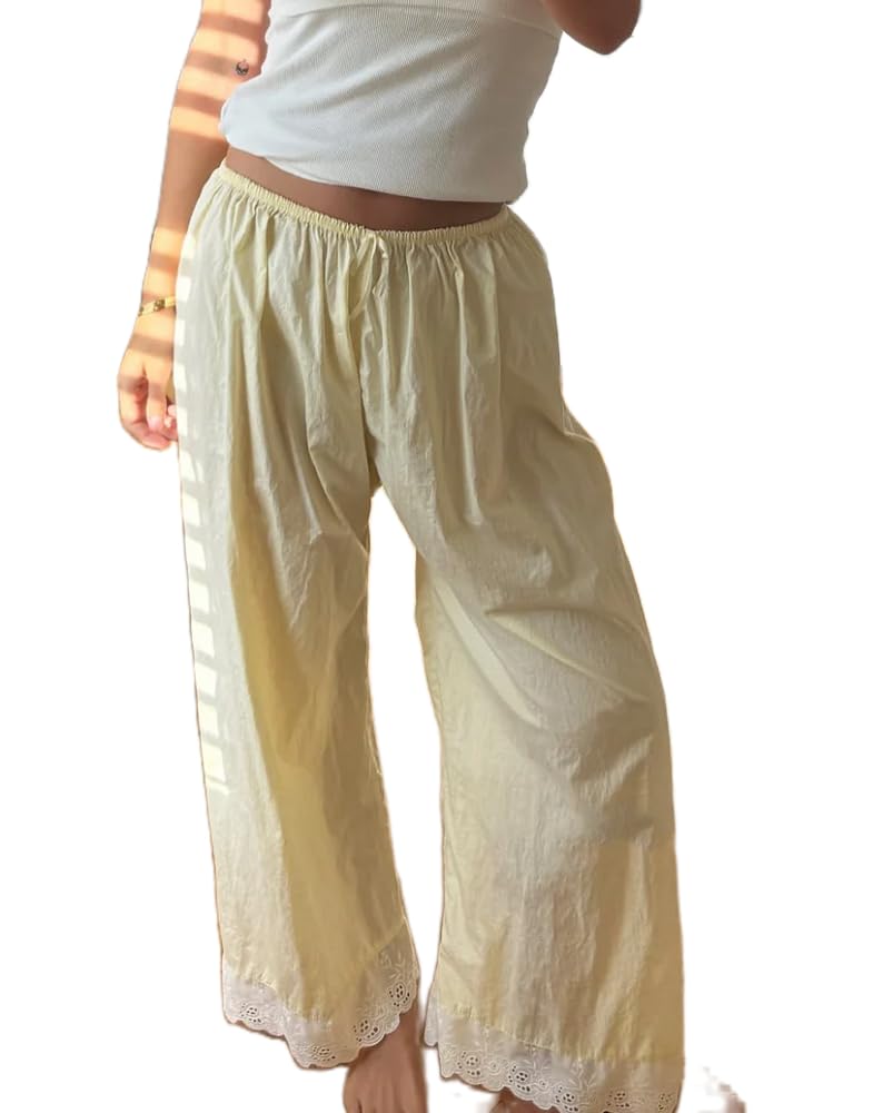Women Palazzo Pants Elastic Low Waist Lace Hem Straight Wide Leg Trousers Comfy Casual Flowy Beach Long Pant