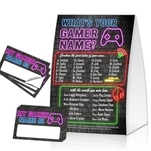 EQIUAG Gamer Birthday Party Decorations, Funny Video Game Party Night Favors Set,What's Your Gamer Name Perfect for Birthday Party Baby Shower Activities(31pcs)