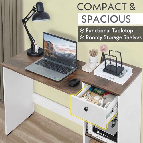 Image of ABOUT SPACE Study Table with Drawer - Computer Table with Bottom Storage Space DIY Engineered Wood Office Desk with 2 Adjustable Shelves for PC Laptop Gaming (White, Walnut - L 123 x B 45 x H 89 cm)