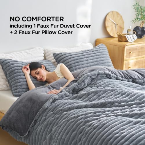 Image of Besfunny Dark Grey Plush Comforter Cover Full Size ,Fluffy Striped Bedding 2pcs Set(1 Fuzzy Duvet Cover + 1 Fur Pillow Cases ) Faux Fur Luxury Bed Set (Dark Grey, Twin)