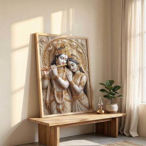 Image of CRAFTLYN Hindu God Wall Art WALL ART Prints Framed Spiritual Religious Paintings for Living Room, Pooja Room, Bedroom, Office, Meditation Room, Home Decor (Radha krishna 2, 19 X25, Brown)