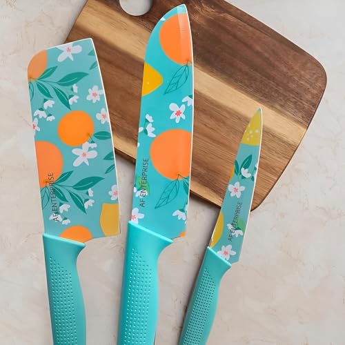Image of Professional 3-Piece Kitchen Knife Set - High Carbon Stainless Steel Chef, Utility & Santoku Knives with Ergonomic Blue Handles (Blue, 3 Pc Knife Set)