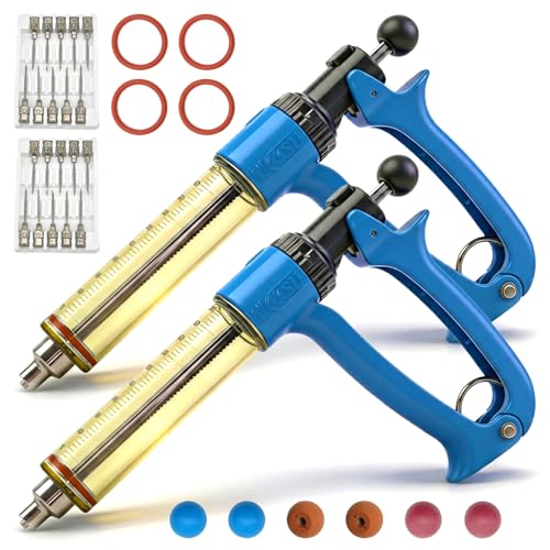 2-Pack 50mL Semi Automatic Livestock Syringe Adjustable Dosage Repeater Injector (1-5mL) with Luer Lock Tip for Cattle Sheep Goats & Pigs Continuous Injection Gun for Farm Herd Blue